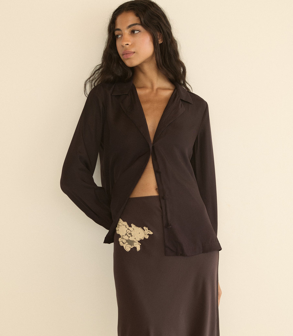 Elowen Skirt in Equestrian Brown with Cream Lace - view 8